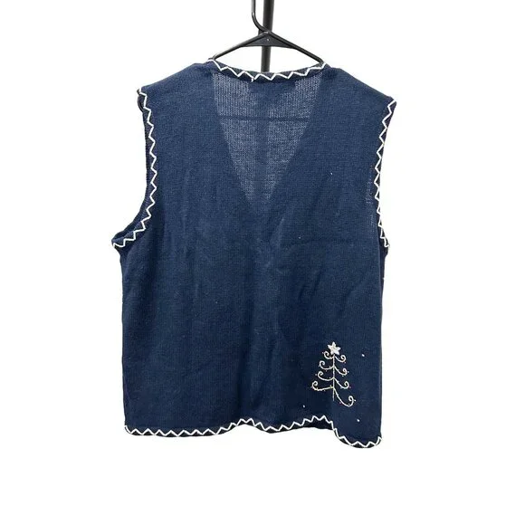 Hampshire Studio Snow Holiday Vest Navy Blue Festive Embroidery Sz L - Picture 2 of 8